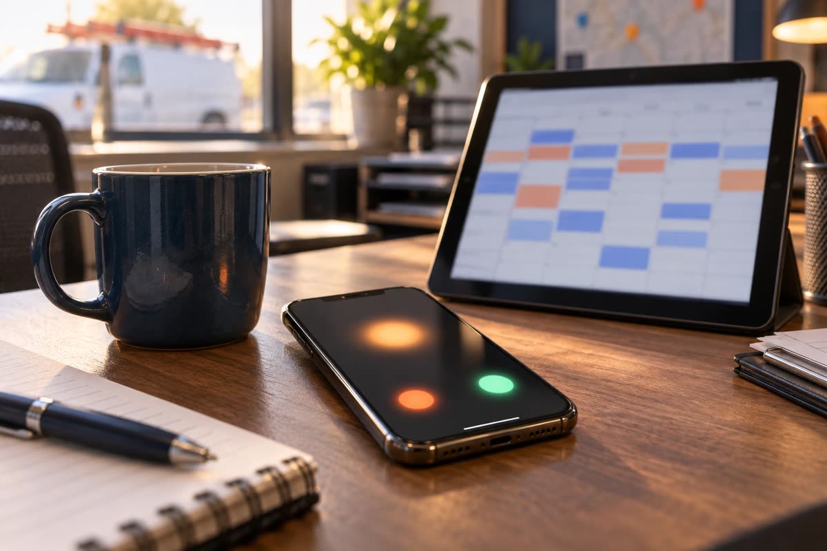 Smartphone lighting up with an incoming call beside a dispatch schedule