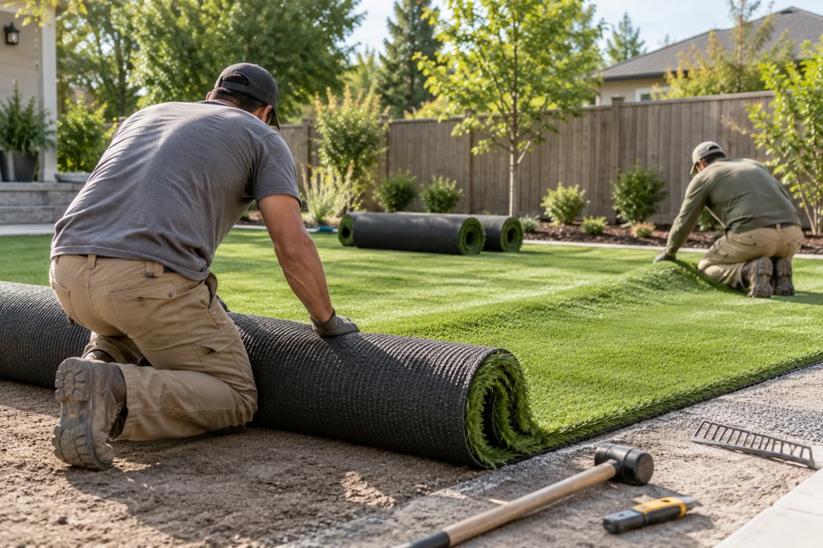 Crew rolling out artificial turf in a suburban backyard