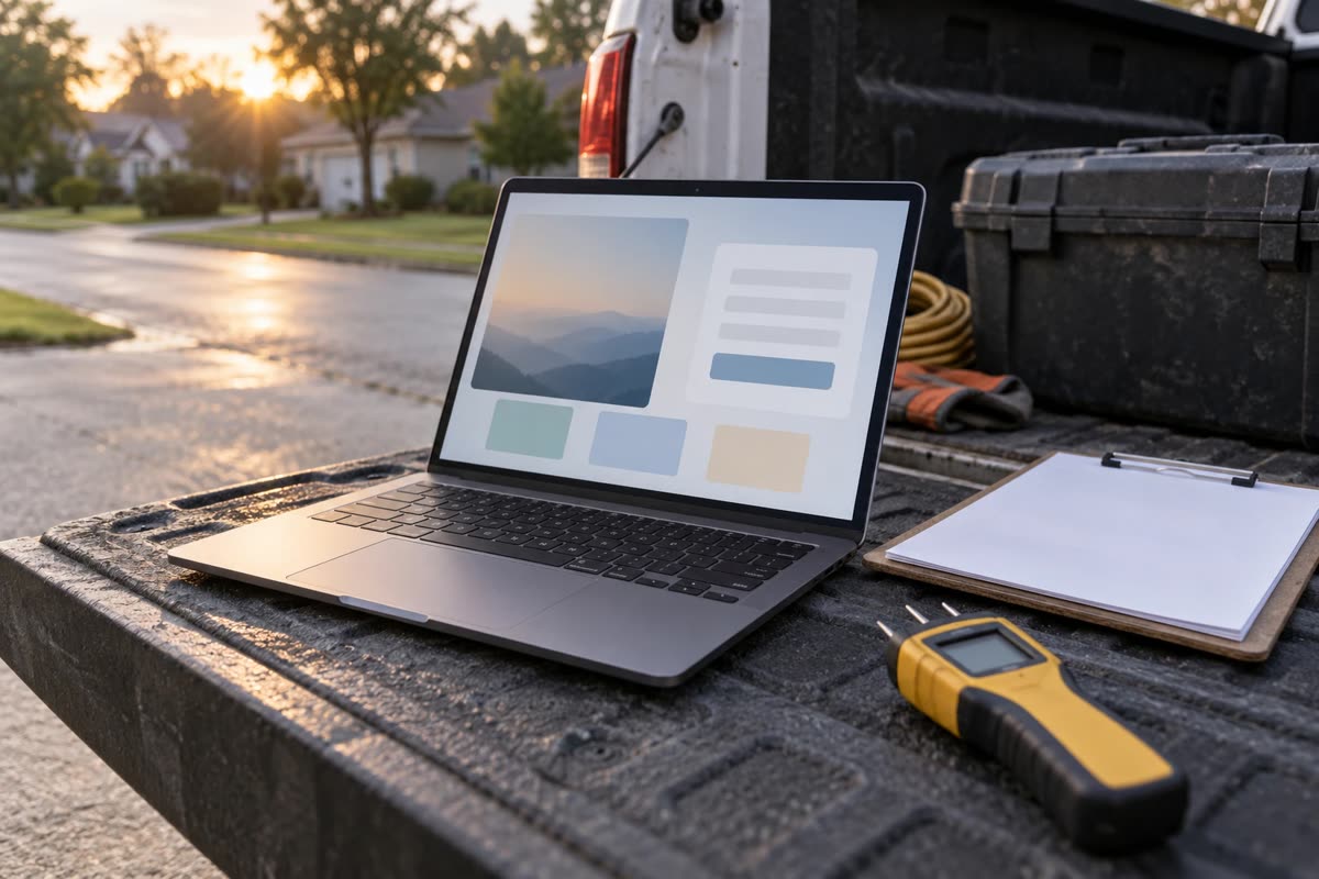 Laptop on a work truck tailgate showing a landing page, with a clipboard and moisture meter