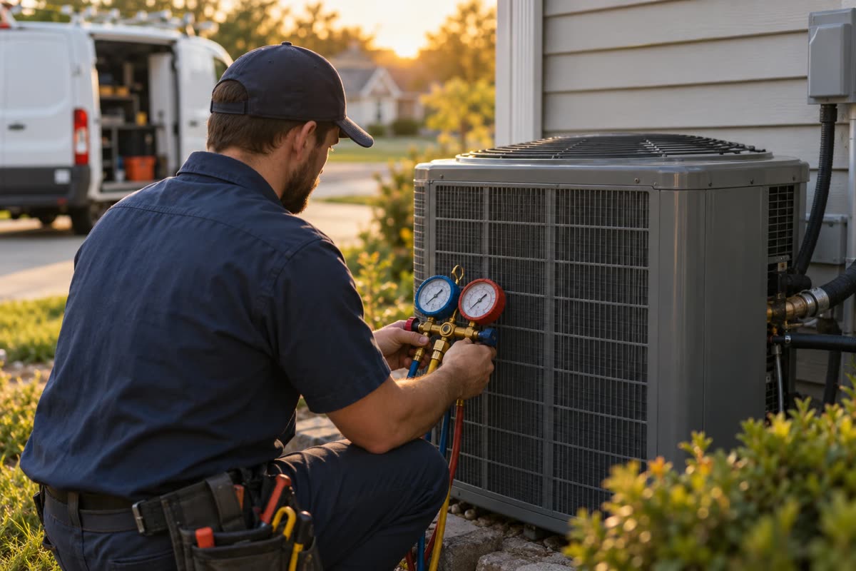 HVAC technician checking refrigerant gauges at an outdoor condenser unit
