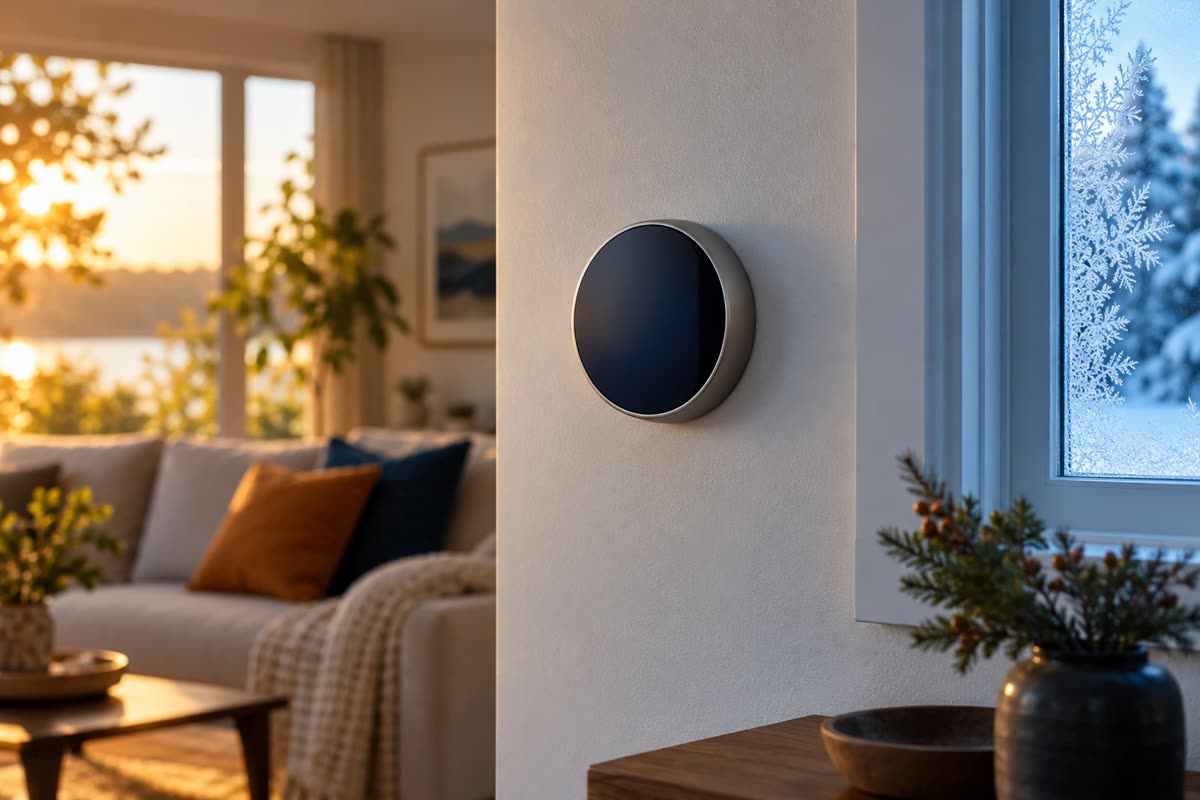 Home thermostat between a summer-lit window and a frosted winter window